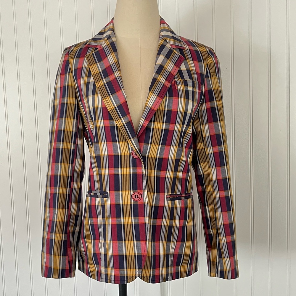 Vintage Plaid Oversized Blazer Light Jacket Red White Blue Yellow Preppy Size 8